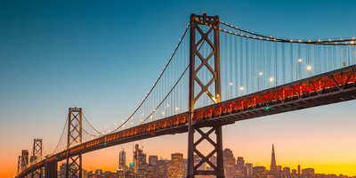 View of the Golden Gate Bridge at sunset.