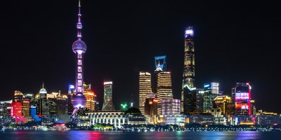 View of Shanghai's skyline at night time.
