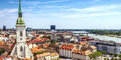 View of the skyline of Bratislava, with the Cathedral steeple in the foreground.