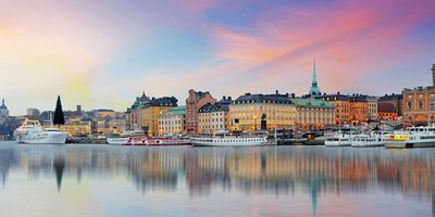 View of skyline of Stockholm at sunrise.