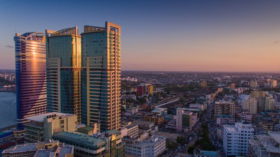 View of the skyline of Dar Es Salaam at dusk.