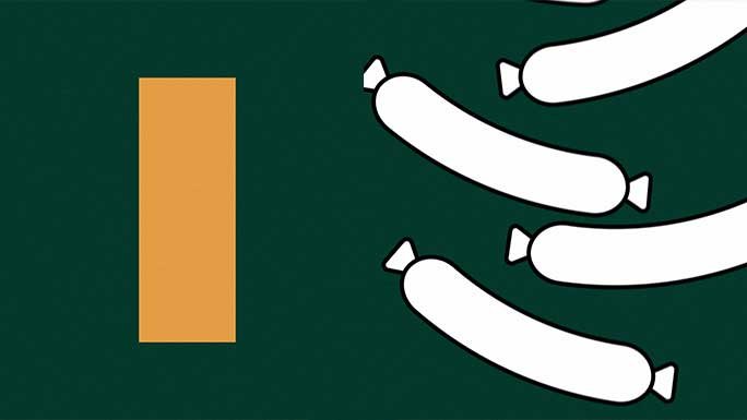 The letter I with a graphic of sausages