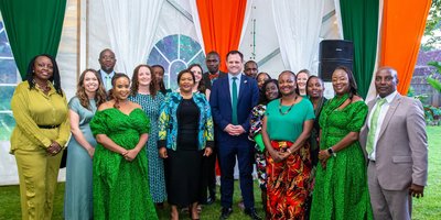 Group photo of Embassy team in front of Irish flag colours