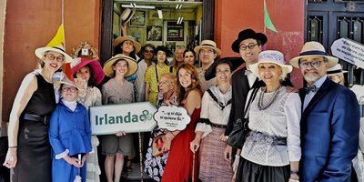 A group dressed in Bloomsday attire