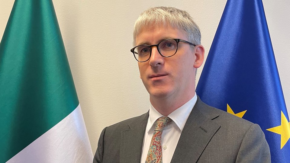Ambassador Ian Devine, standing in front of the Irish flag (left) and the EU Flag (right)