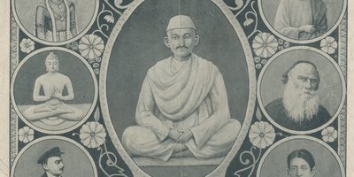A poster featuring 7 figures, reading the Seven Great Men of the World.