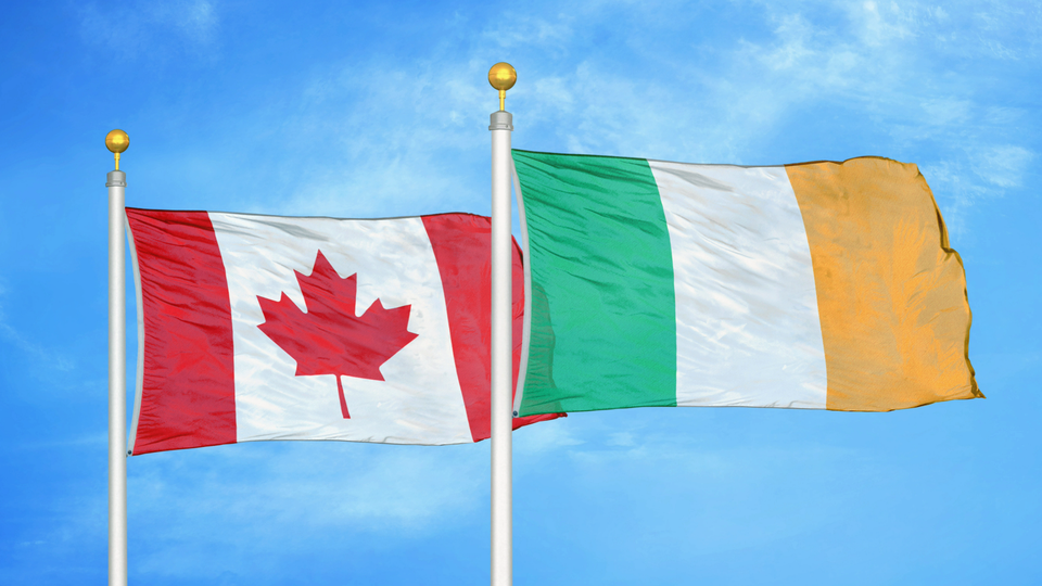 Irish and Canadian flags flying