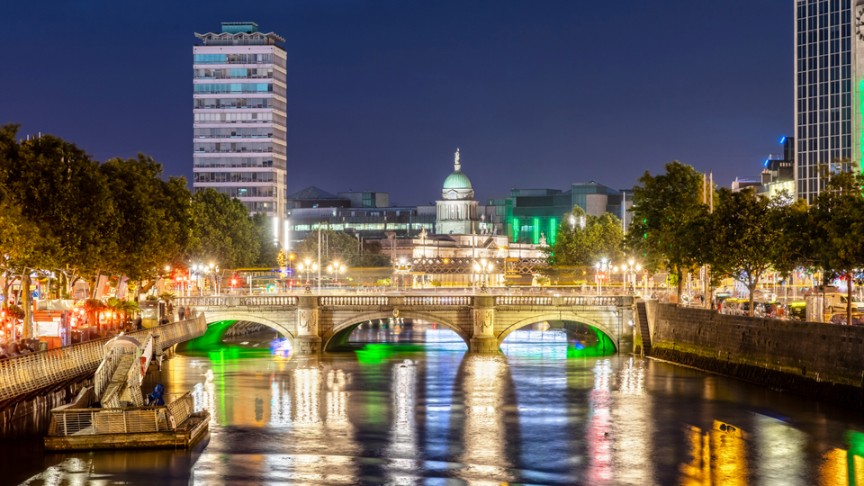 Dublin skyline lit up at night