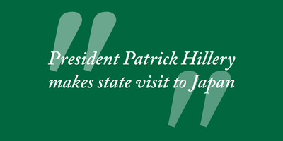 Text reading President Hillery makes state visit to Japan