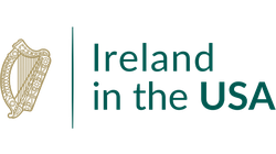 Ireland in USA logo with gold government harp