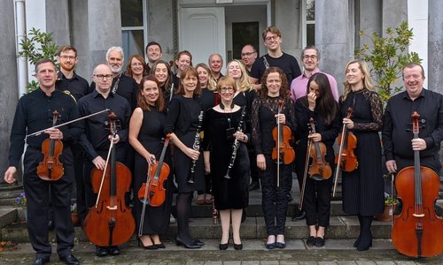 A group of doctors and classically trained musicians poses together with their instruments