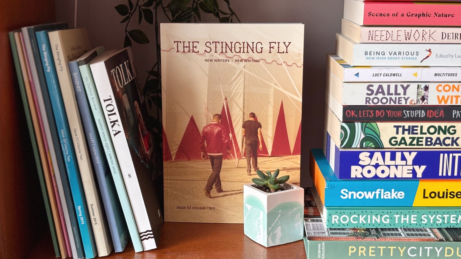 bookshelf featuring Irish literary journals and books by Irish authors