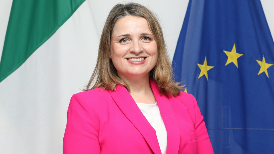 Headshot of Marianne Bolger standing in front of Irish and EU flags