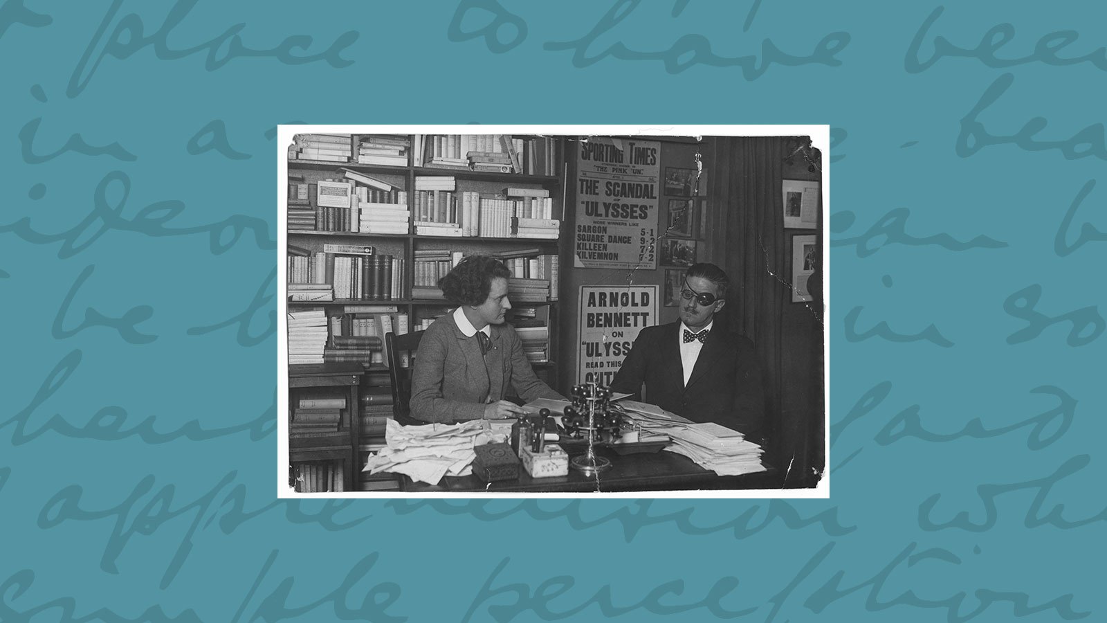 Joyce and Sylvia Beach pictured together in Beach’s Paris bookshop, Shakespeare and Company, in 1922
