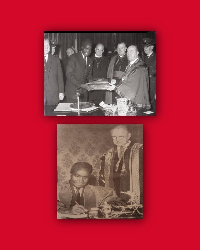 President Kaunda being made a Freeman of Limerick City he is being handed a gift by religious figures in robes, below is Kaunda recieving an honorary doctorate with Irish President Eamon deValera looking on