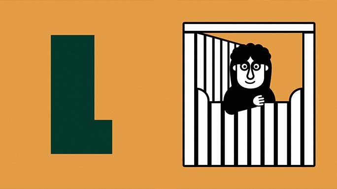 The letter L with a graphic of a person standing in a door with the top half open