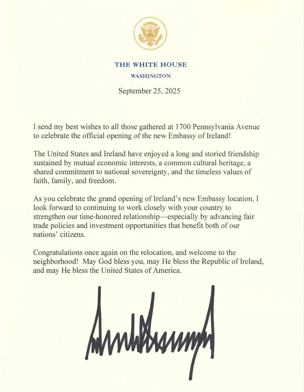 Image of letter from President Trump, featuring the gold U.S. presidential seal and the President' signature