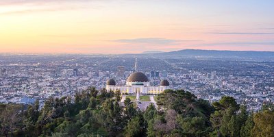 A view over Los Angeles at Griffith Observatory at sunrise.