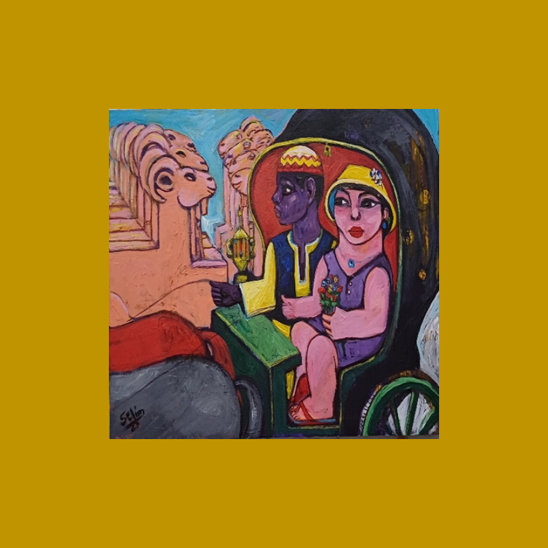 Expressive artwork of a man and woman in a classic chariot in front of a row of historic ram statues