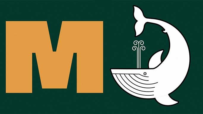 The letter M with a graphic of a whale