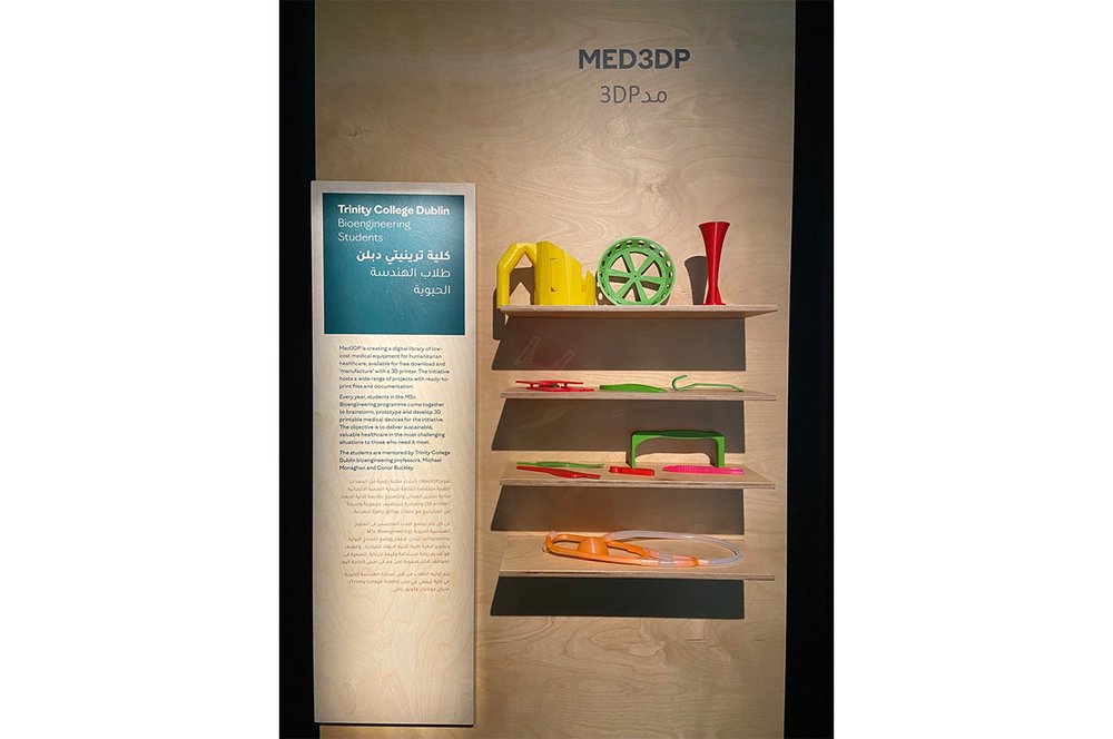 3D printed medical devices displayed on shelves.