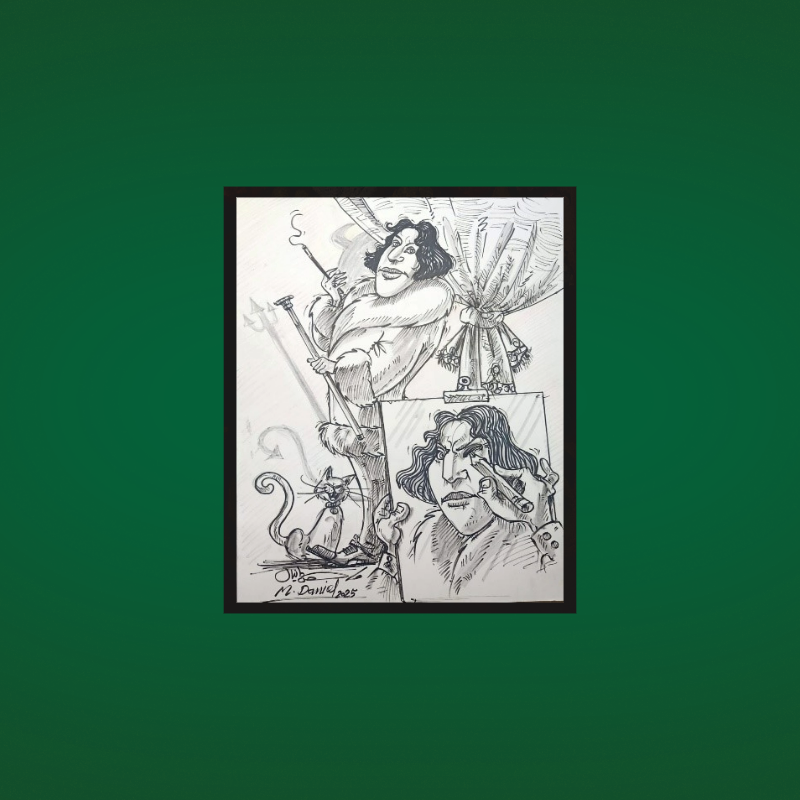 Expressive artwork of a man and woman in a classic chariot in front of a row of historic ram statues