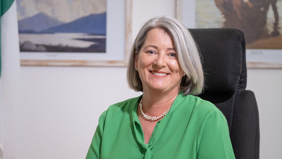 A smiling woman in a green shirt sits in an office chair.