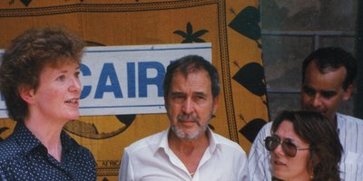Mary Robinson speaking at a press conference in Somalia