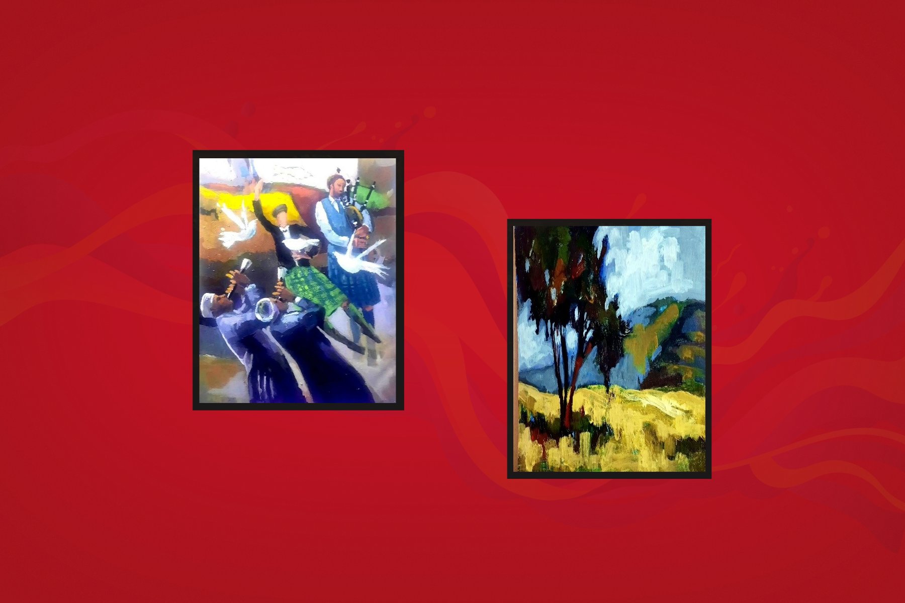 Two abstract paintings depicting scenes of dancing and music and the peaceful countryside