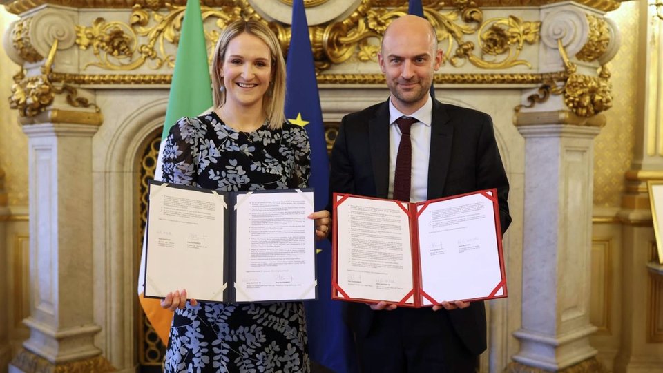 Minister Helen McEntee with French Foreign Minister Jean-Noël Barrot holding the signed France-Ireland 2026 – 2030 Joint Strategic Framework