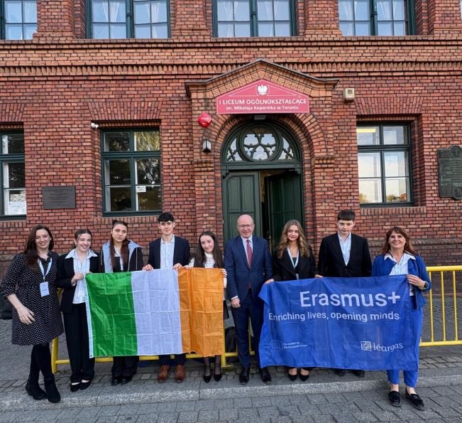 Ambassador Haughey with the students and teachers from Cross and Passion College Kilcullen, attending a Model United Nations Conference in Toruń, Poland