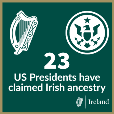 white graphic on dark green background with text 23 US presidents have claimed Irish ancestry