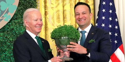 Taoiseach Leo Varadkar presents President Joe Biden with bowl of shamrock