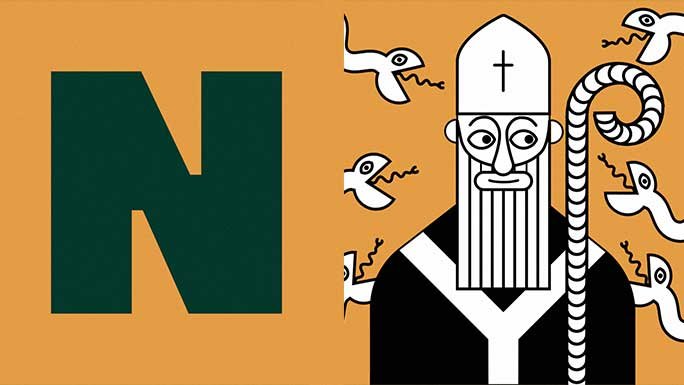 The letter N with a graphic of St Patrick with snakes