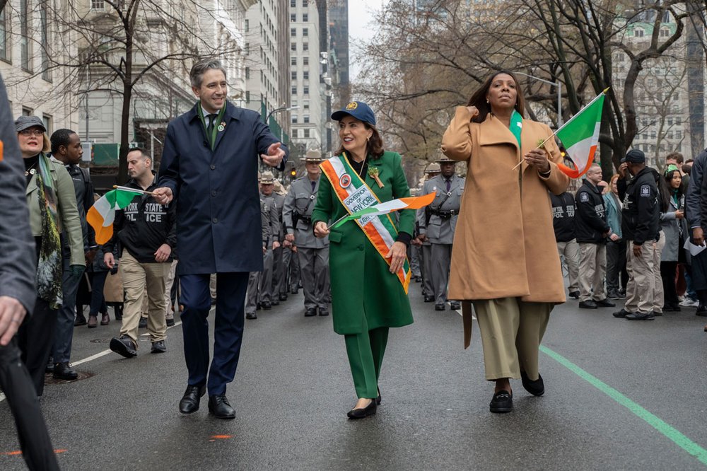 Tánaiste Simon Harris walking in the NYC St Patrick's Day Parade