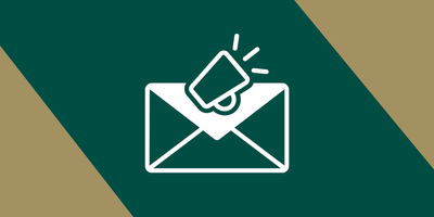 Green and gold picture with white envelope and megaphone