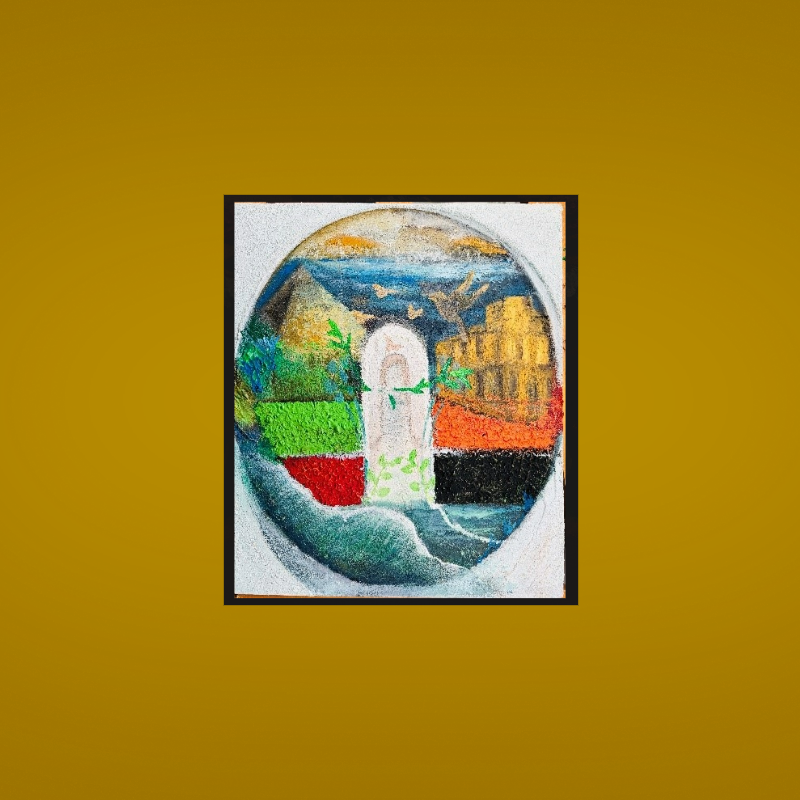 An artwork linking Irish-Egyptian cultures through symbols.