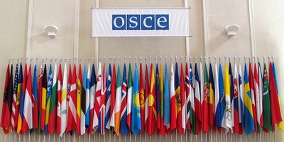 A line up of all the flags for participating states in OSCE.