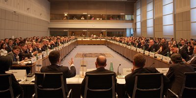 large board room with people sitting around the edges of a table