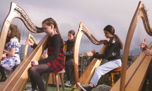 five children playing harps in a field