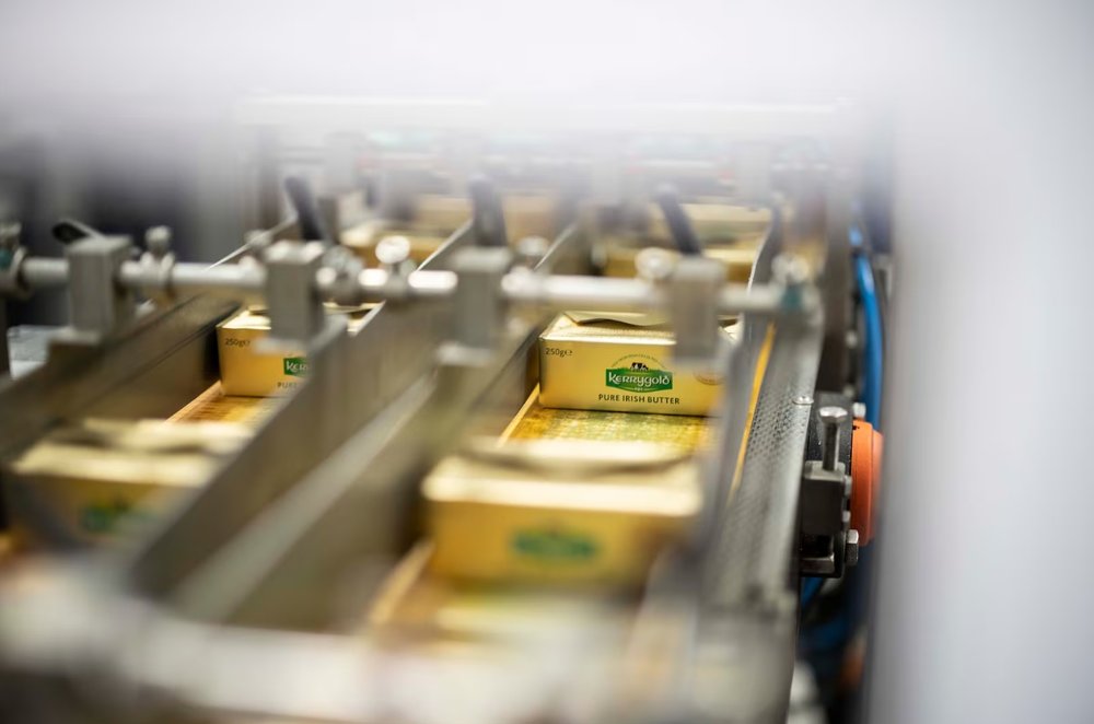Kerrygold butter in gold packaging coming through a factory machine
