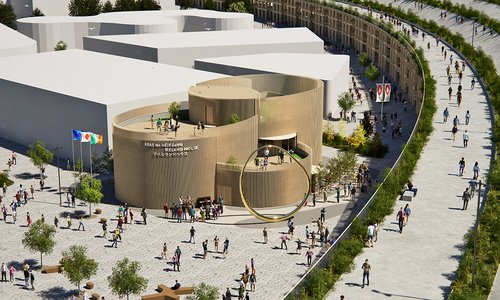 CGI mockup of the Ireland Pavilion at Expo 2025, three circular golden buildings intertwined
