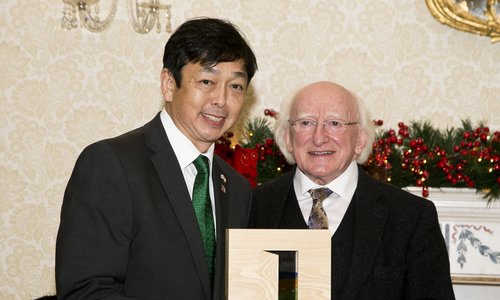 Hideki Mimura accepted a PDSA award from President Michael D Higgins