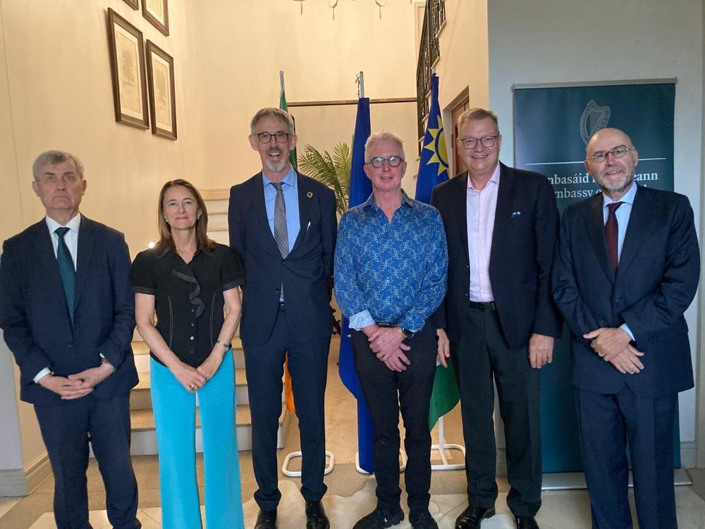 Ambassador Fitzpatrick is pictured alongside EU Ambassador to Namibia H.E. Ana Beatriz Martins  and fellow EU Ambassadors: Spanish Ambassador H.E. Alberto de la Calle, German Ambassador H.E. Dr. Thorsten, Ireland's Honorary Consul Dr. Patrick Murphy, and Portuguese Ambassador H.E. Rui Carmo.
