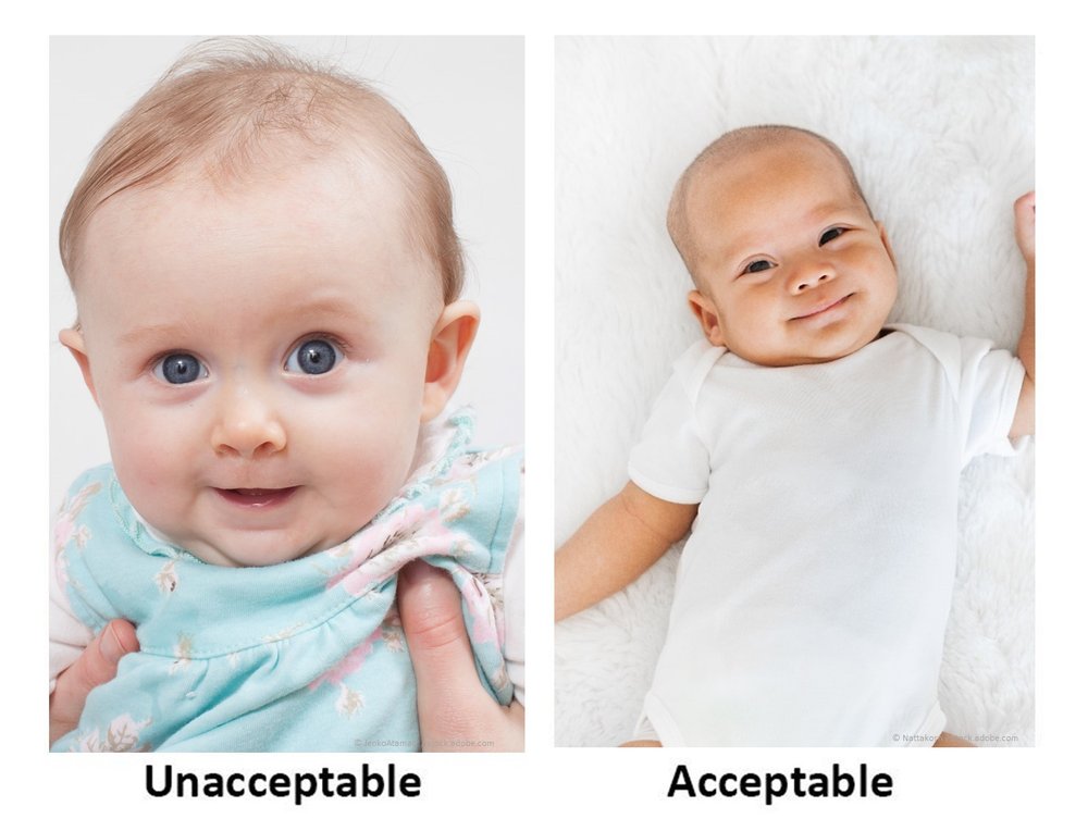 Two photos of babies, one marked unacceptable where the baby is very close to the camera, the second showing the baby further away, marked acceptable.
