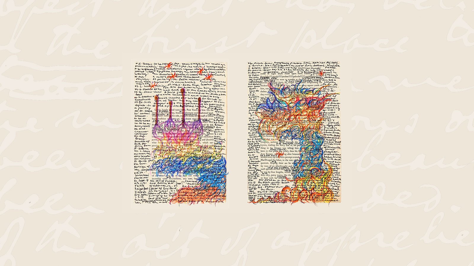 Copies of Finnegans Wake with colourful doodles all over the pages