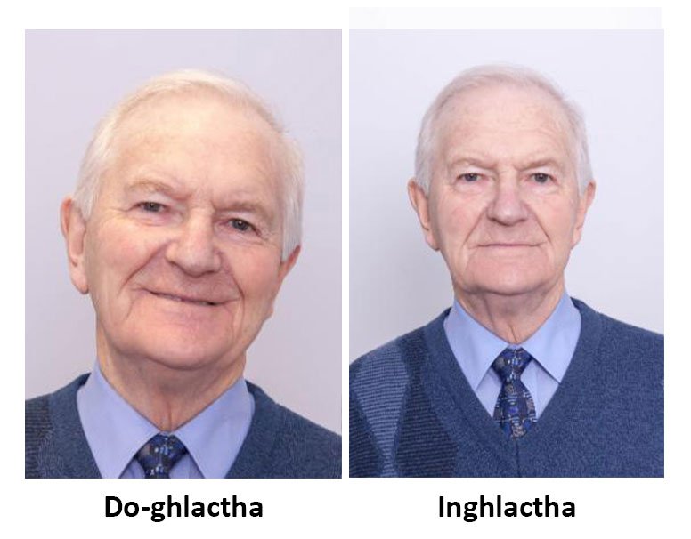 Seat cinn d'fhearr ghealgháireach le fotheidil 'do-ghlactha', taobh le grianghraf d'fhearr le cuma neodrach le fotheidil 'inghlactha'.