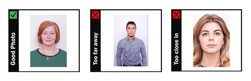 Three headshots of varying distances from the camera. The photo showing the full head and shoulders, but cut off at the chest is marked acceptable.