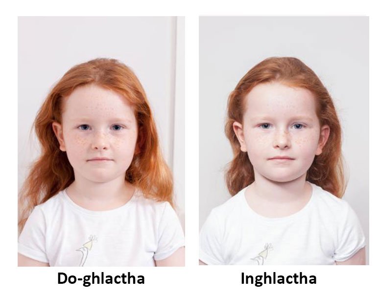 Dhá sheat cinn de chailín óg. Sa cheann atá marcáilte do-ghlactha, tá an grianghaf tógtha ó lár a cliabhrach thuas. Léiríonn an grianghraf inghlactha di í tógtha ó a guaillí/cliabhrach thuas.