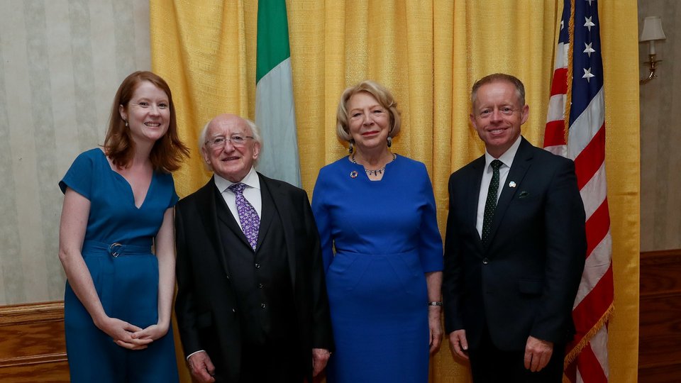 Caoimhe Nic Giollarnaith with President Michael D and Sabina Higgins